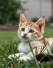 Curious orange and white kitten exploring a green lawn during a sunny day in a backyard