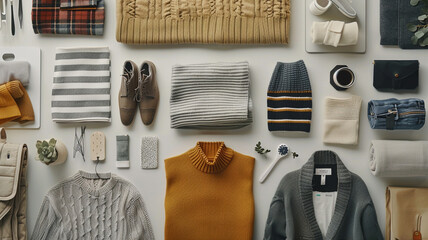 A capsule wardrobe flat lay: Essential garments made from organic materials arranged neatly to showcase minimalist fashion.