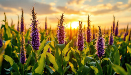 Sunset over field of vibrant purple flowers in lush greenery