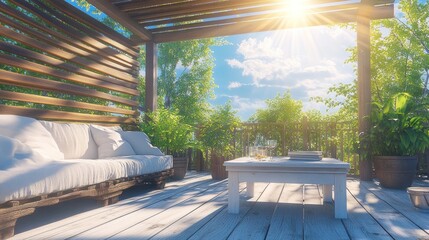 Fototapeta premium Sunny wooden patio with comfortable seating and a coffee table under a pergola. Lush greenery and a bright blue sky.