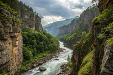 Obraz premium Steep and rocky gorge with a fast flowing river, scenic, gorge, nature, mountain, wild