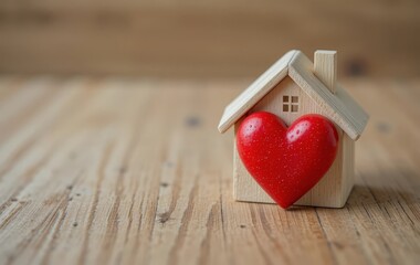 A mini toy house with a red heart on a wooden background