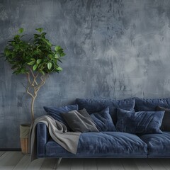Blue velvet sofa with throw blanket and pillows in front of a textured blue wall with a potted plant