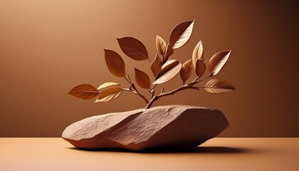 minimalist sculpture of a mocha plant on top of a rock with a brown background leaves and twigs appear to be floating in the air
