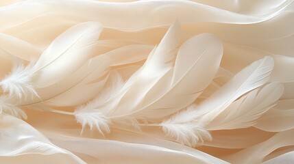 Fototapeta premium Creamy White Feathers on Soft Fabric: Elegant and Dreamy Background Texture