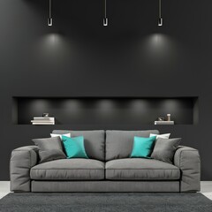 A modern living room interior with a grey couch and black wall