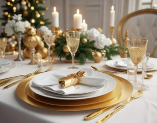 Stylish white and gold table setting for holiday dinner, festive, elegant