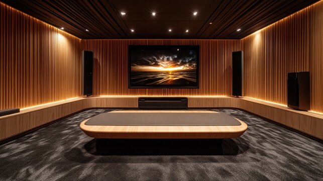 Home theater has a central table, wall speakers, and a display at front