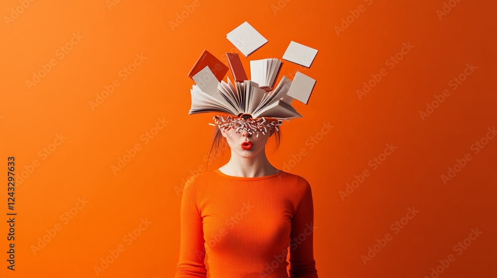 Poster young woman with exploding head and flying books and papers on orange background representing inform