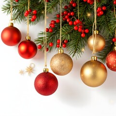 Festive Red and Gold Christmas Ornaments with Holly and Pine Branches