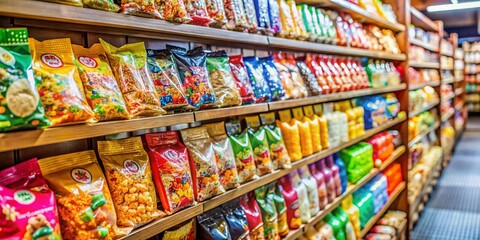 Fototapeta premium Colorful Japanese Snacks on Retail Display Shelf - Vibrant Packaging & Sweet Treats
