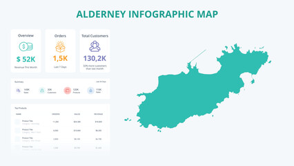 Business Growth Infographic Map of Alderney. Orders, Customers, Sales Overview & product Infographic Map of Alderney. Easy to edit