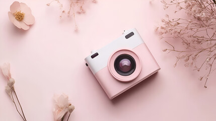Blooming tree branches with light color flowers and photo camera on pink background , 3d  pink and white color camera on pink background
