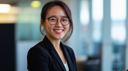 A happy young Asian business woman employee at work in office. Professional smiling Korean businesswoman, company worker manager.