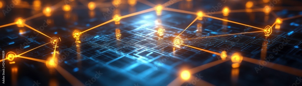 Poster A digital network visualization featuring glowing nodes connected by lines, representing data flow and connectivity in a high-tech environment.
