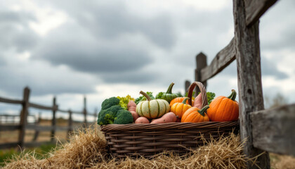 Basket of colorful pumpkins and vegetables on hay in rustic farm setting
