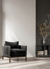 A black armchair with gold accents sits in a minimalist living room with white walls. a black accent wall. a wooden floor. and a vase of dried branches