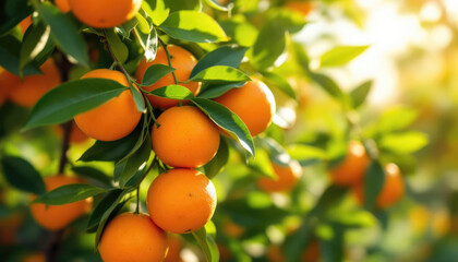 Ripe oranges hanging on tree branches in sunlit orchard