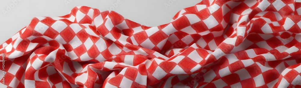Poster close-up of a wrinkled red and white checked fabric, showcasing texture and pattern for design use