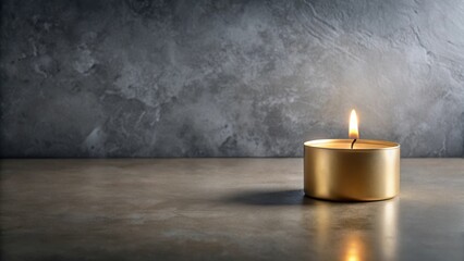 A single, lit gold candle rests on a textured surface against a dark, mottled backdrop