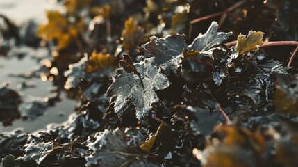 Frozen vineyard leaves sunrise autumn frost ground