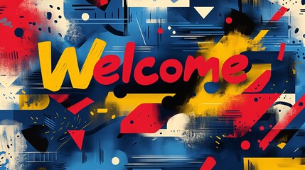 A vibrant and colorful abstract illustration featuring the word 'Welcome' in bold letters