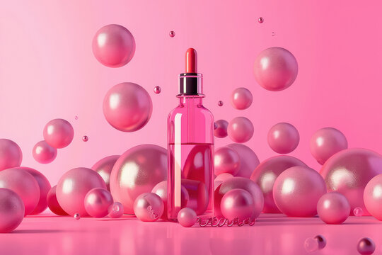 A bottle of botox surrounded by pink spheres against a pink background with a pink and gold color palette.