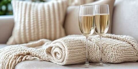 Two champagne flutes on cozy knitted blanket.