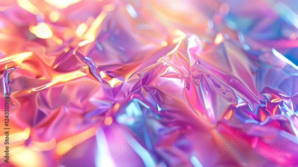 Poster colorful iridescent gradient on crumpled metallic surface creates an abstract background effect