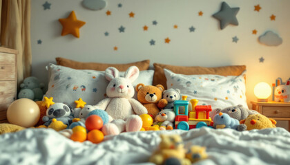 Obraz premium Cozy children's bedroom with stuffed toys and colorful decor