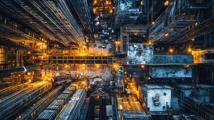 Obraz premium Aerial view of illuminated industrial complex at night.