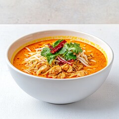 Thai khao soi curry noodles with chicken, isolated on a white table,