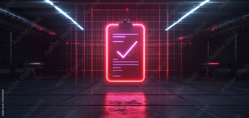 Poster a glowing smartphone with a checkmark appears in a futuristic, neon-lit environment, suggesting them