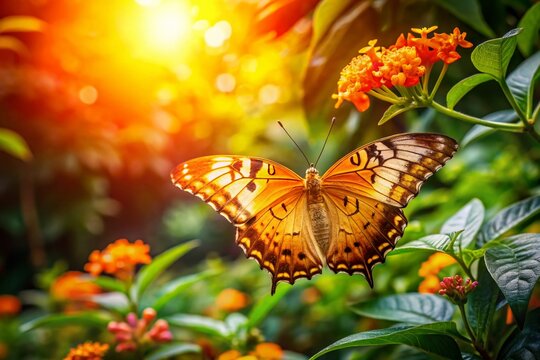 Common Cruiser Butterfly (Vindula erota erota) on Thai Flowers, Vibrant Landscape