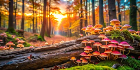 Naklejka premium Autumnal Forest Scene Featuring Vibrant Mushrooms on Fallen Log at Sunset