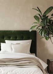 A close-up view of a plush. green velvet headboard with white bedding and a plant in the background