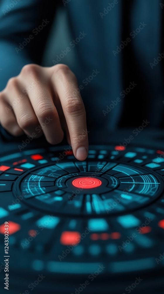 Poster a close-up of a hand interacting with a futuristic control panel featuring glowing buttons and a dig