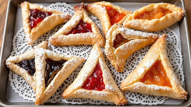 delectable fruit-filled pastries: golden brown hamantaschen with poppy seed, strawberry, and apricot preserves, perfect for festive occasions