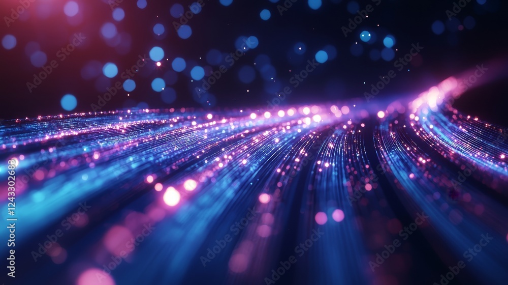 Poster a vibrant abstract background featuring glowing particles and streaks of light, creating a dynamic a