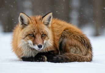 Fototapeta premium Majestic Fox Lying in Snowy Forest