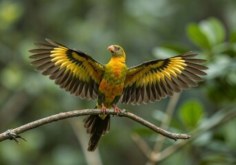 Vibrant Bird Spreading Wings on Branch