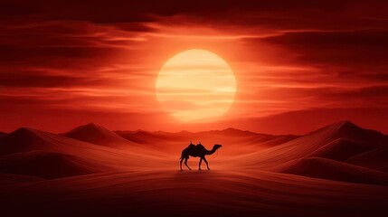 Fototapeta premium Camel Silhouette at Sunset in Desert Landscape