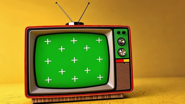 Television screen with tracker marker, vintage Television set blue background. 4K footage. You can replace footage or picture easily.