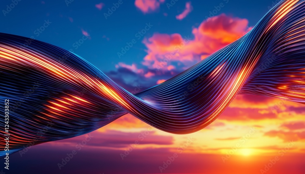 Poster a vibrant wave of light flows through a sunset sky, showcasing a blend of colors and dynamic forms i