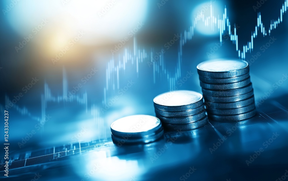 Aufkleber the image features stacks of coins with a blurred financial graph in the background, symbolizing inv