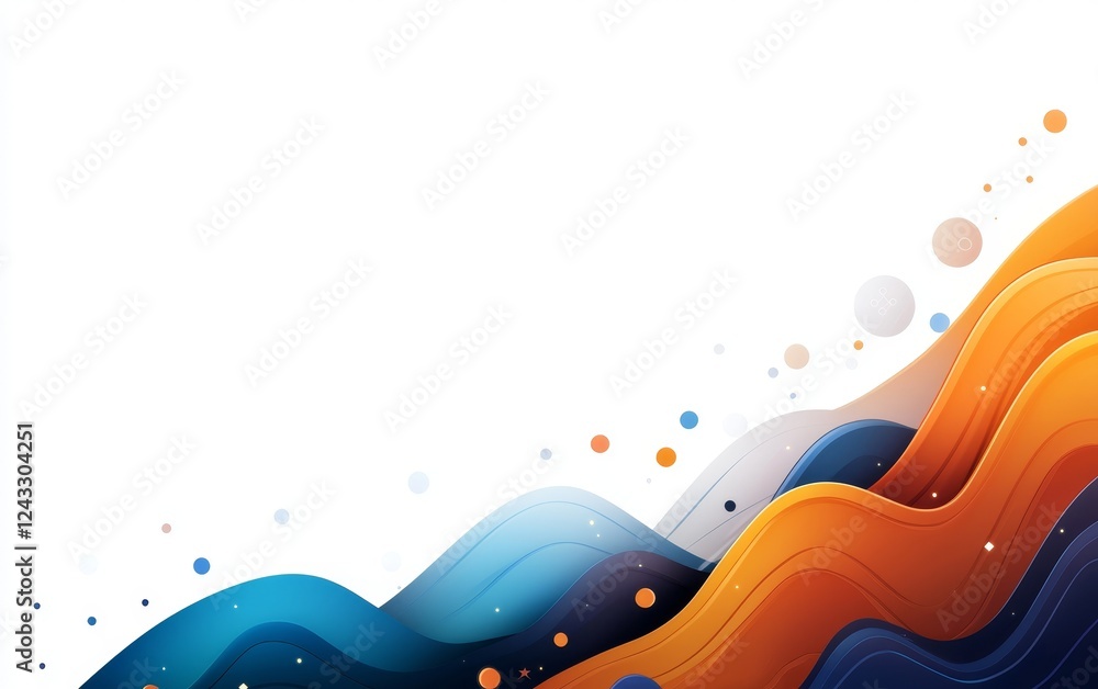 Poster a vibrant abstract design featuring flowing waves of blue and orange with scattered dots, creating a