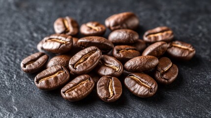 Obraz premium Close-up of roasted coffee beans on black background.