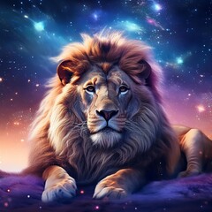 Fototapeta premium Majestic lion resting among stars and nebulae in dreamlike galaxy