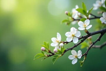 Blooming tree branches with delicate white flowers, wildflower, foliage