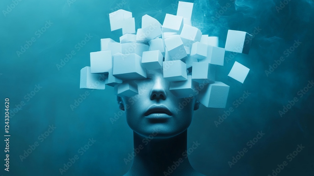 Poster white cubes exploding from a woman's head symbolize information overload, stress, burnout, and menta